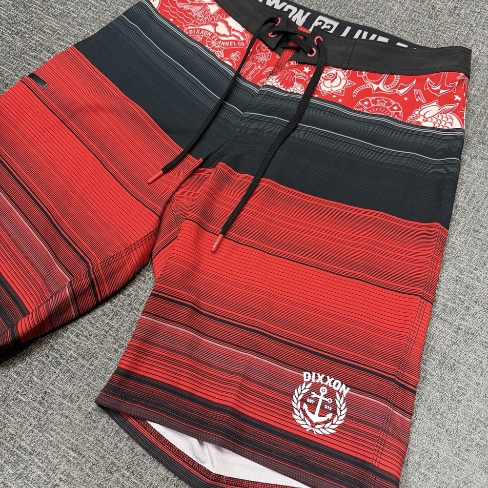 Dixxon‎ Live Fast Board Shorts Mens 32 Red Black Stripe Swim Trunks Anchor Logo